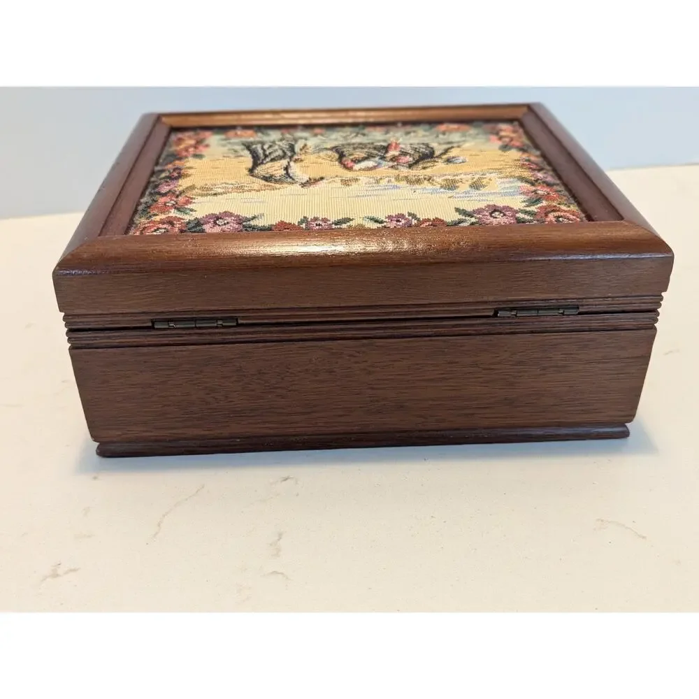 Vtg Wooden Jewelry Box Needlepoint Tapestry Florals African Ethnicity